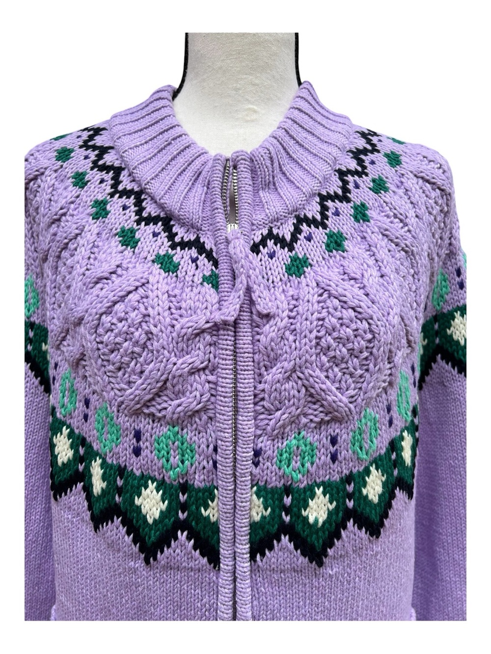 Talbots Lavender Purple Cable Knit Fair Isle Full Zip Cardigan Sweater Women’s L - Picture 2 of 10